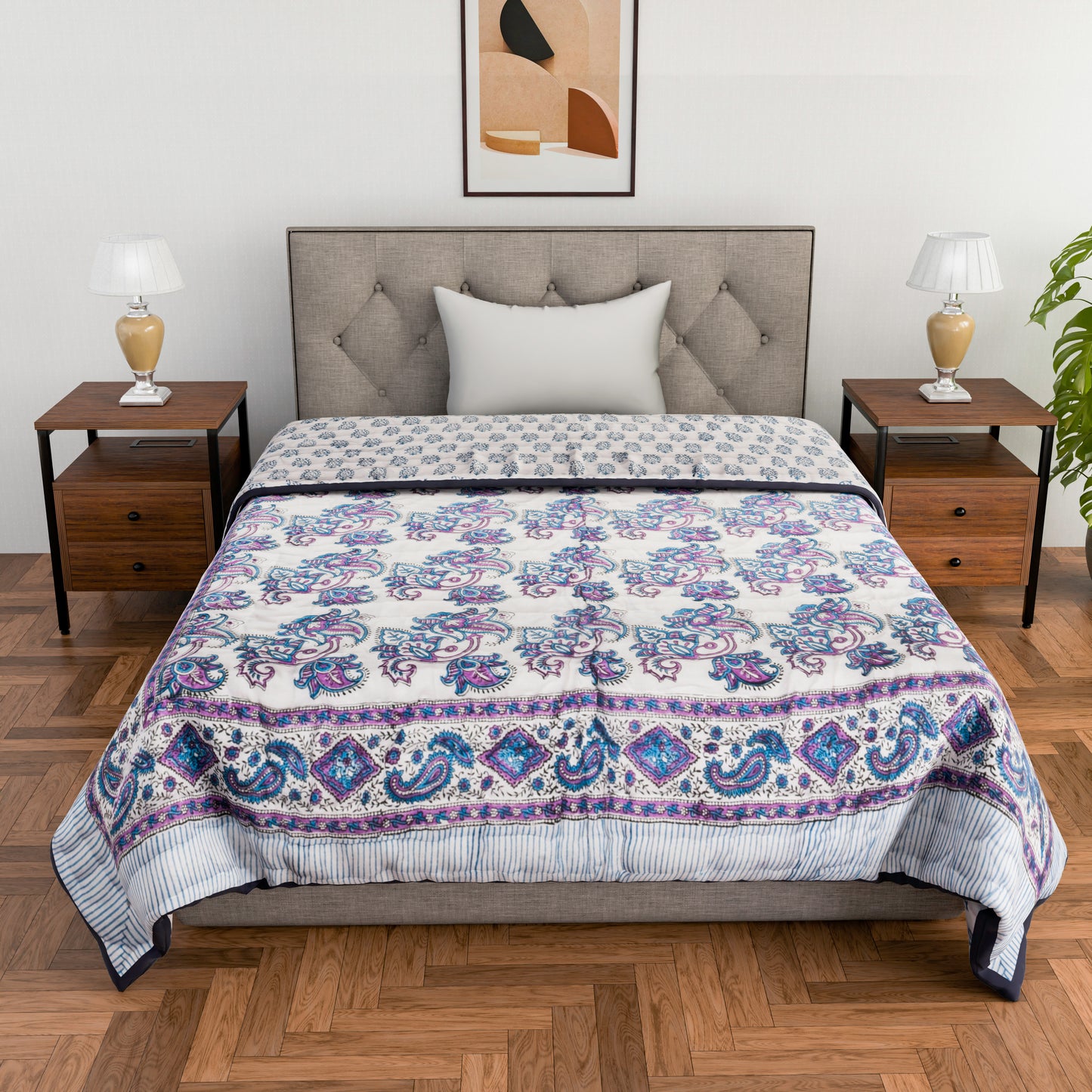 Single bed pure cotton block print quilt (Rajai) Winter blanket (60 x 90 Inches)