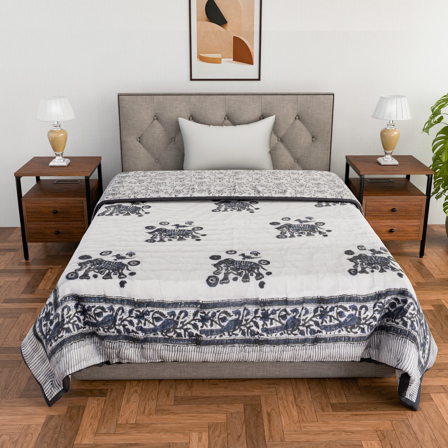 Single bed pure cotton block print quilt (Rajai) Winter blanket (60 x 90 Inches)
