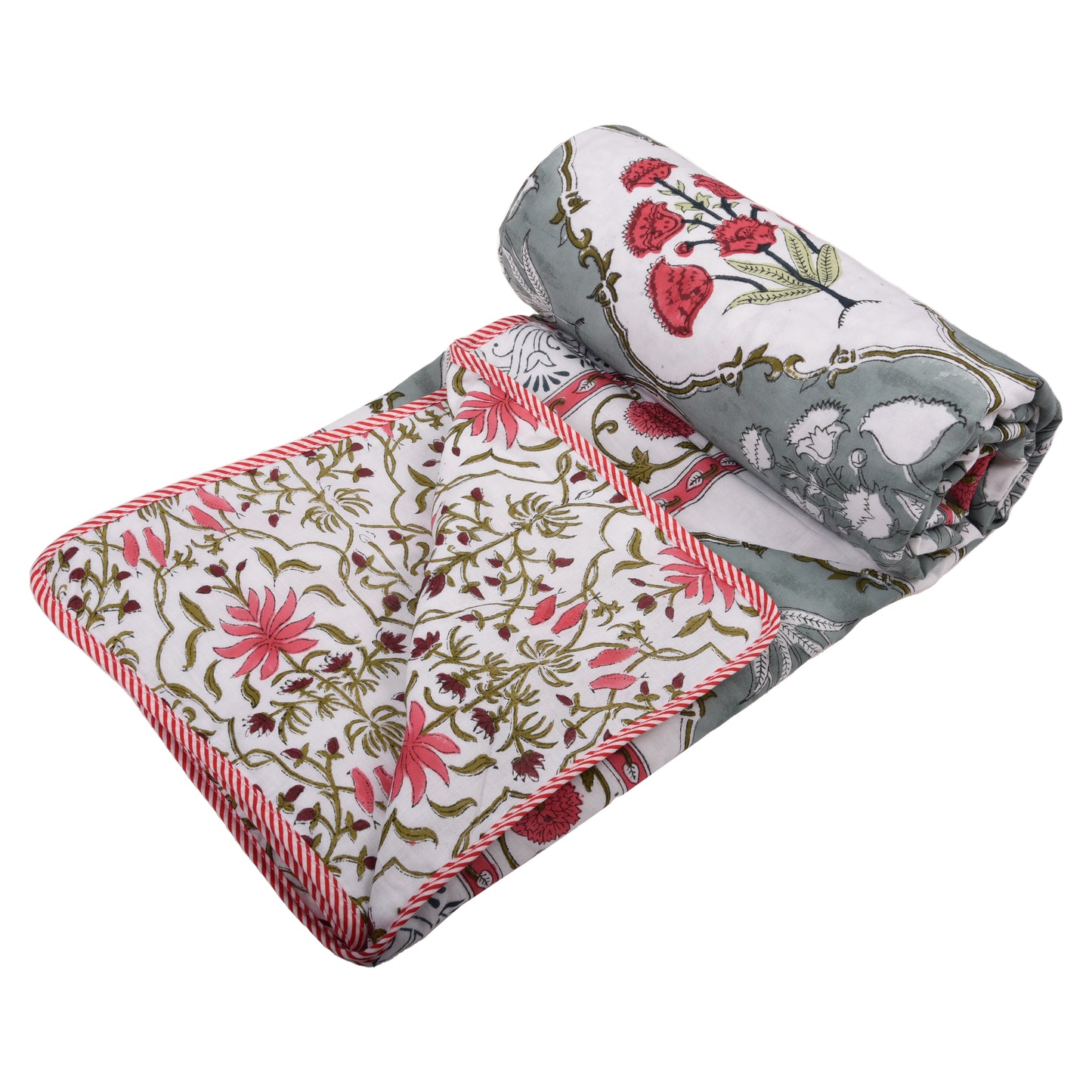 Cotton Blanket - Single Dohar ( 60 x 90 Inches) Grey Red Floral