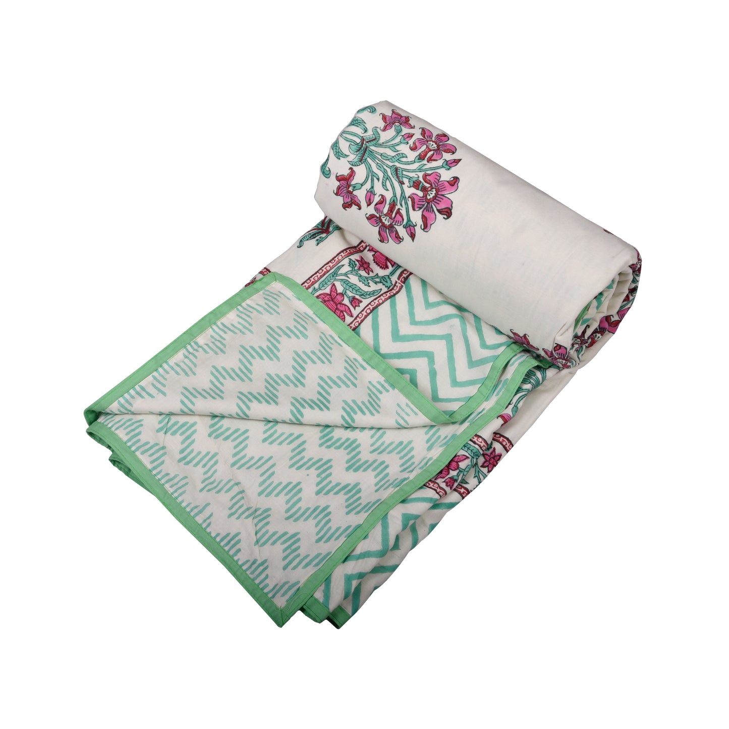 Cotton Blanket - Single Dohar ( 60 x 90 Inches) Green Pink Plant