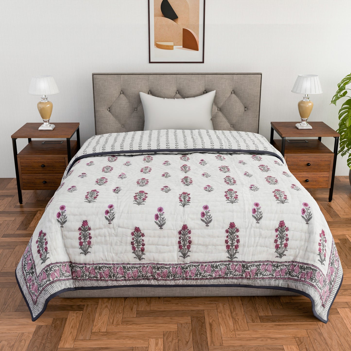 Single bed pure cotton block print quilt (Rajai) Winter blanket (60 x 90 Inches) - Pink Grey