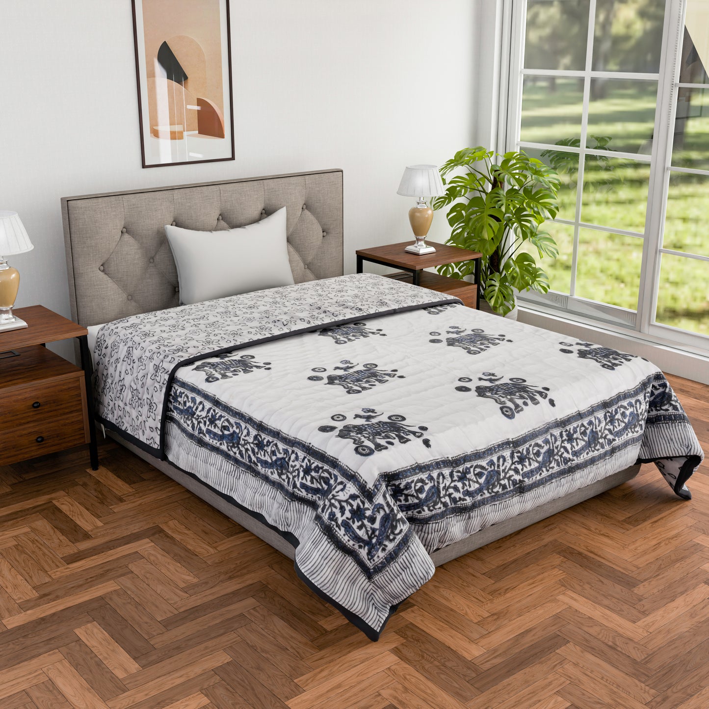 Single bed pure cotton block print quilt (Rajai) Winter blanket (60 x 90 Inches)