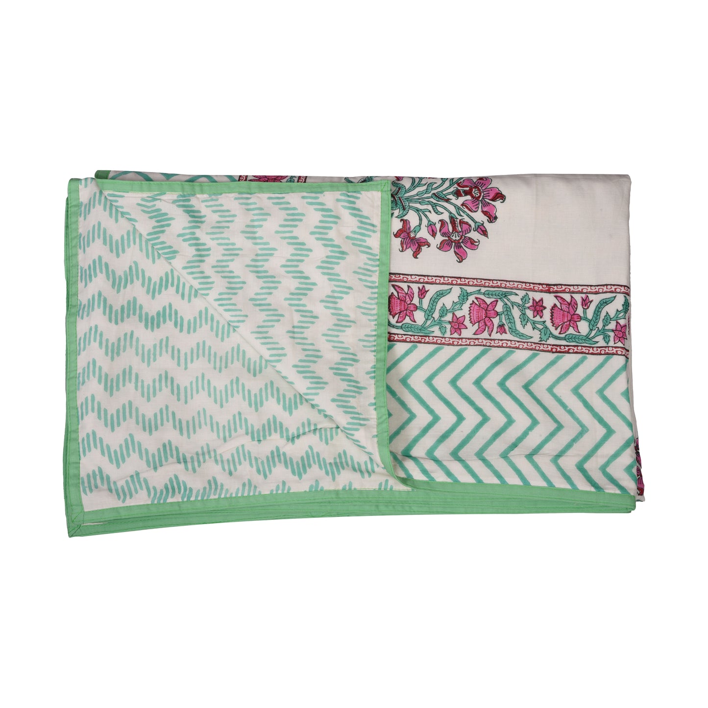 Cotton Blanket - Single Dohar ( 60 x 90 Inches) Green Pink Plant